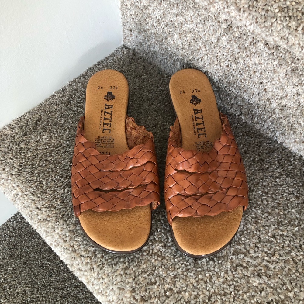 Aztec Braided Leather Slide Mules in Cognac - Picture 3 of 16